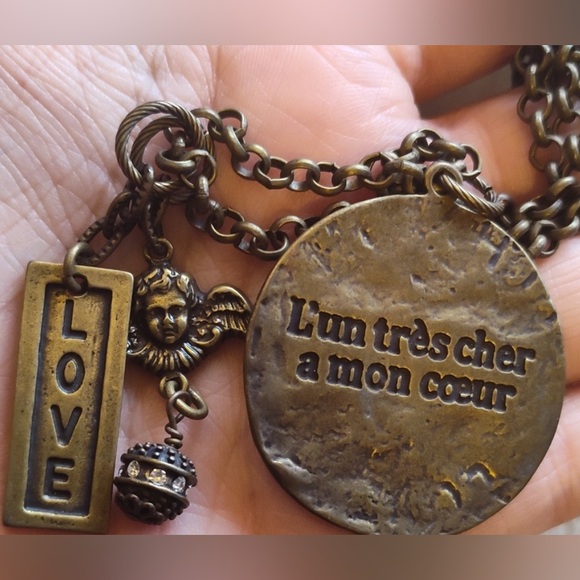 Jewelry - Mud Pie LOVE Necklace “One very Dear to My Heart” disk French, cherub, 32” chain